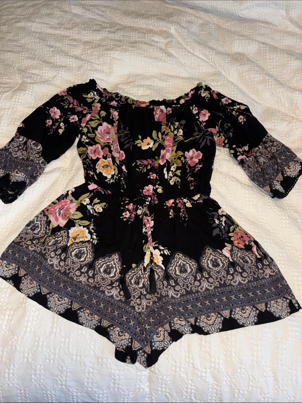 Angie Black Floral Off-Shoulder Romper with Pink & Yellow Flowers